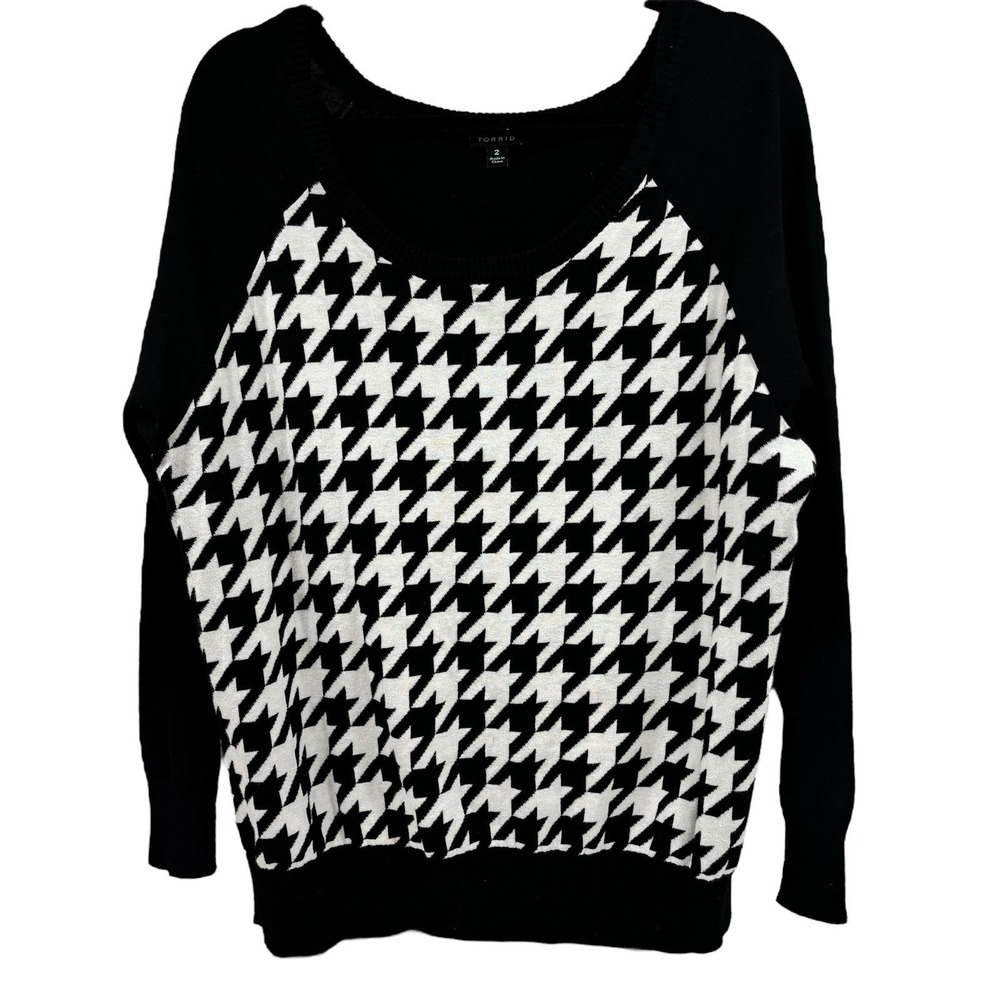 Torrid Houndstooth Pullover Sweater Size 2x‎ Black White Raglan Sleeves